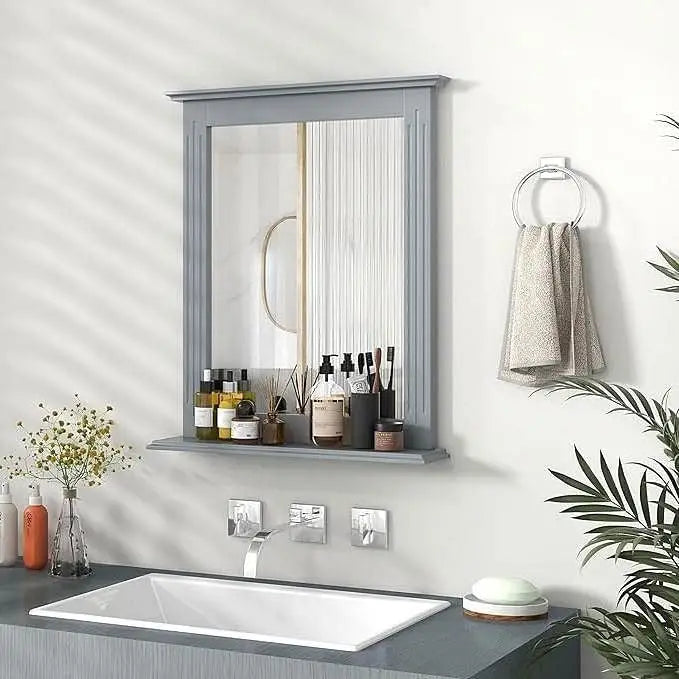 27-in x 22.5-in Bathroom Wall Mirror with Shelf in Gray Wood Finish - Bathroom Mirrors