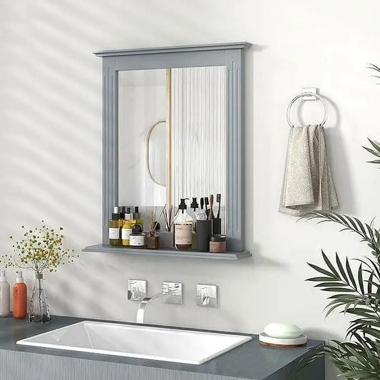 27-in x 22.5-in Bathroom Wall Mirror with Shelf in Gray Wood Finish - Bathroom Mirrors