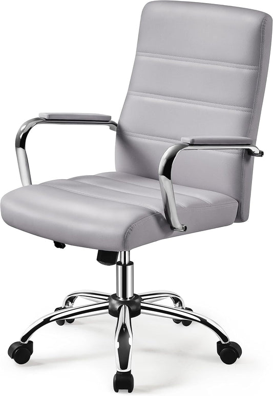 Mid-Back Office Chair with Arms Swivel PU Leather Height Adjustable Office Executive Chair, Light Gray-0