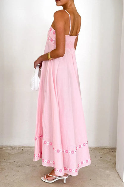 Floral Embroidered Spaghetti Strap Maxi Dress, Blue, Pink or Yellow  SM/MED/LG