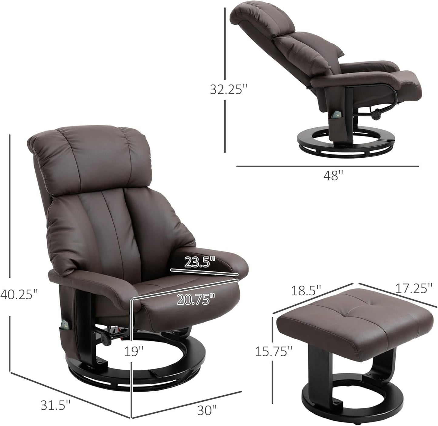 Massage Recliner Chair with Ottoman, 360° Swivel Recliner and Footstool, 10 Point Vibration, PU Leather Reclining Chair with Side Pocket and Remote Control, Brown-2