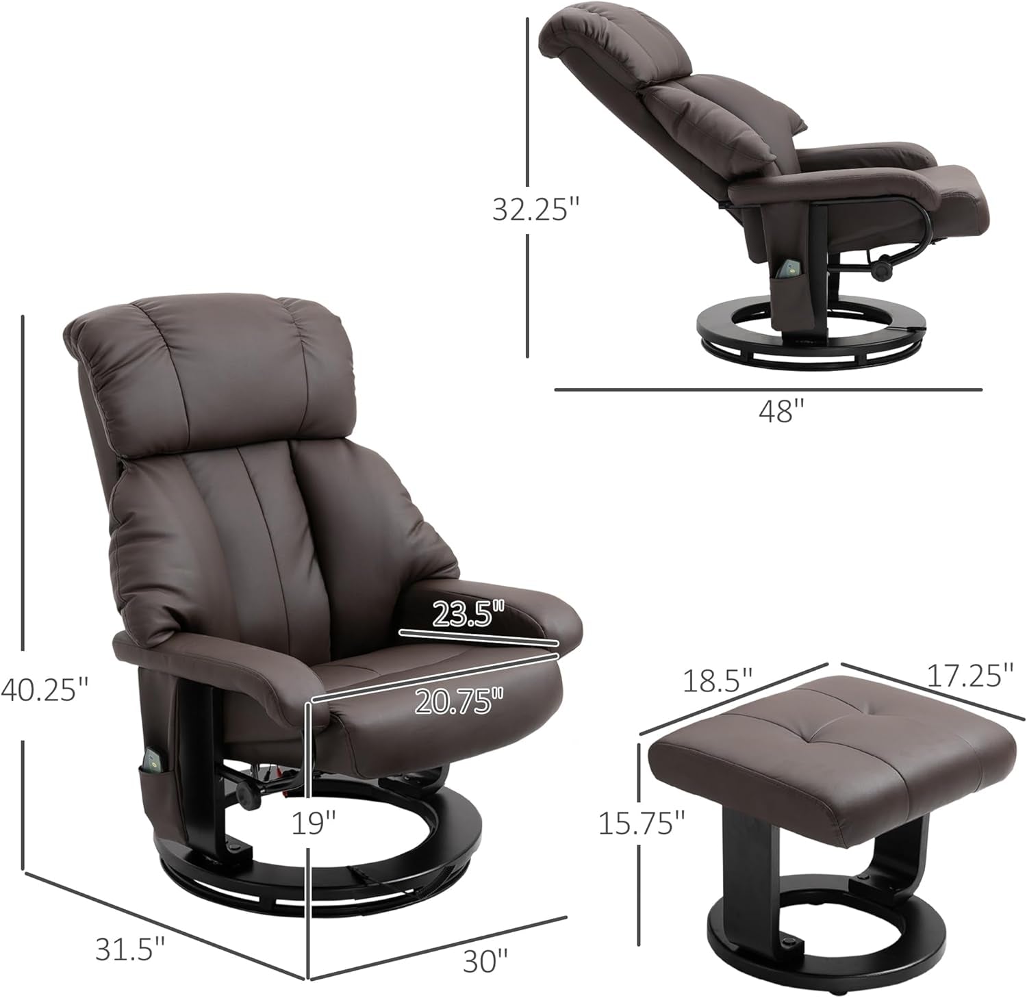Massage Recliner Chair with Ottoman, 360° Swivel Recliner and Footstool, 10 Point Vibration, PU Leather Reclining Chair with Side Pocket and Remote Control, Brown-2