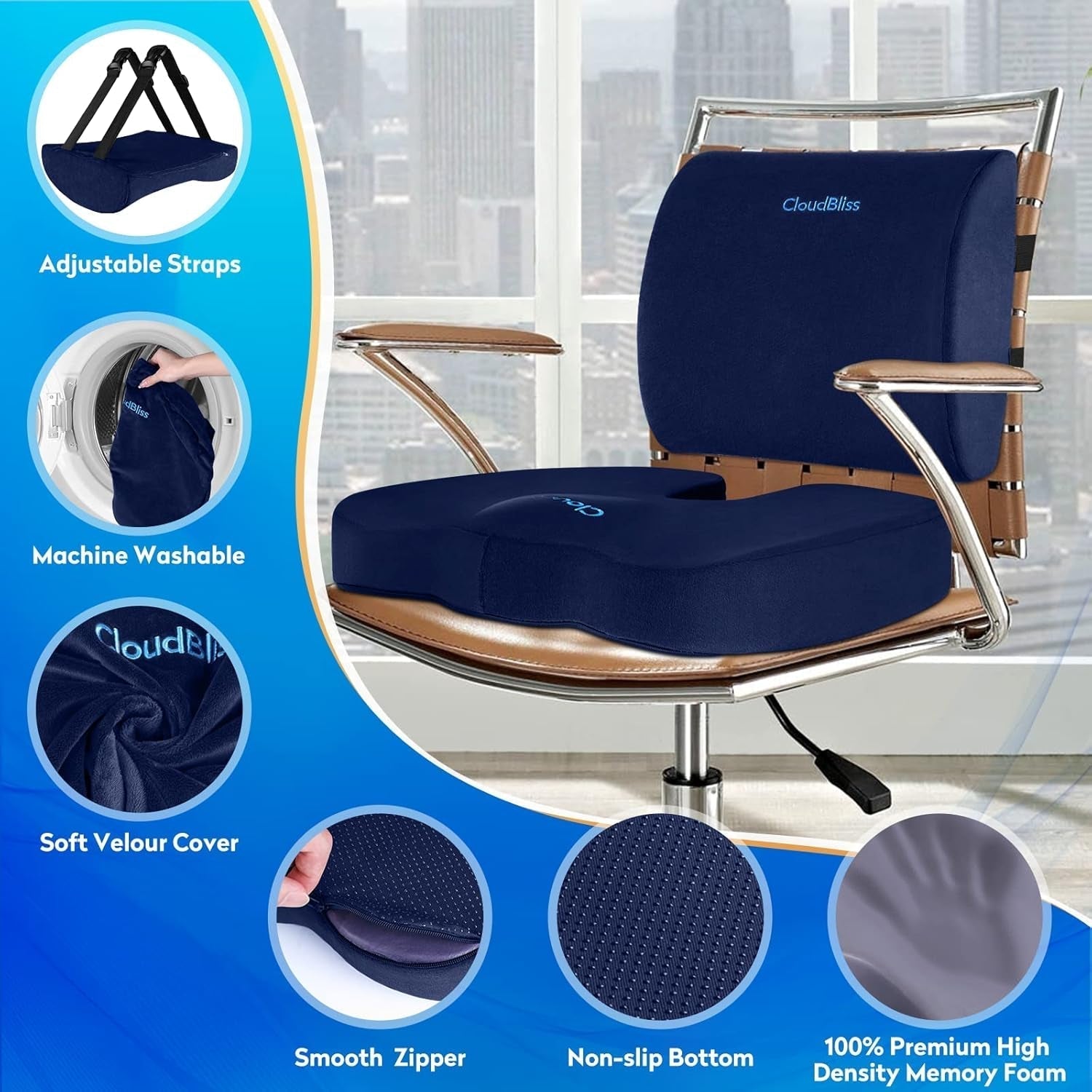 Seat Cushion,Office Chair Cushion,Car Seat Cushion,Lumbar Support Pillow for Office Chair,Back Support Memory Foam Pillow Coccyx Cushion for Tailbone Pain,Sciatica & Back Pain Relief -Blue-2