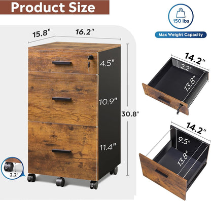3 Drawer Rolling File Cabinet with Lock, Wood Filing Cabinet Fits Letter / A4 Size for Home Office, Rustic Brown-2