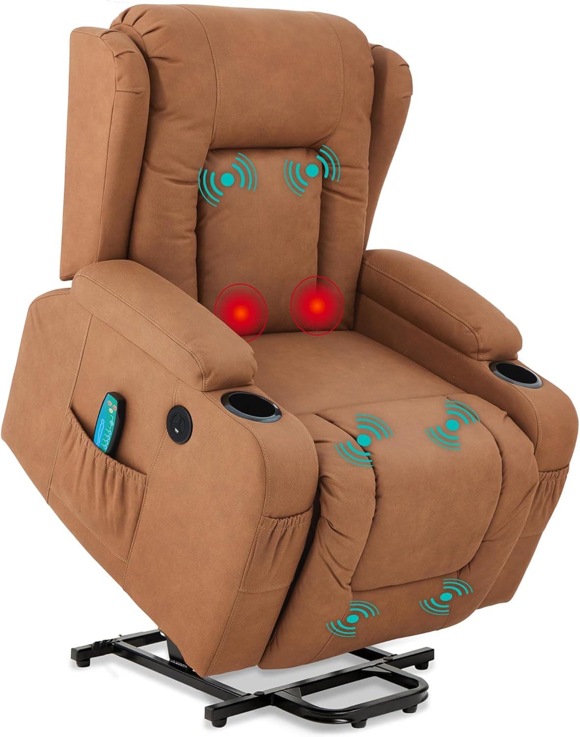 PU Leather Electric Power Lift Chair, Recliner Massage Chair, Adjustable Furniture for Back, Legs W/ 3 Positions, USB Port, Heat, Cupholders, Easy-To-Reach Side Button - Cognac-0