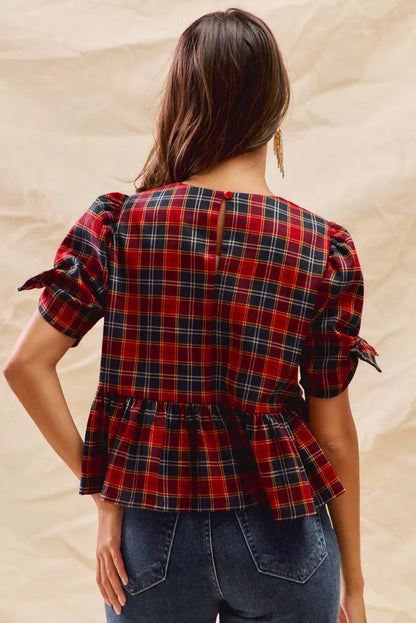 SO ME Christmas Holiday Plaid Ribbon Short Sleeves Top