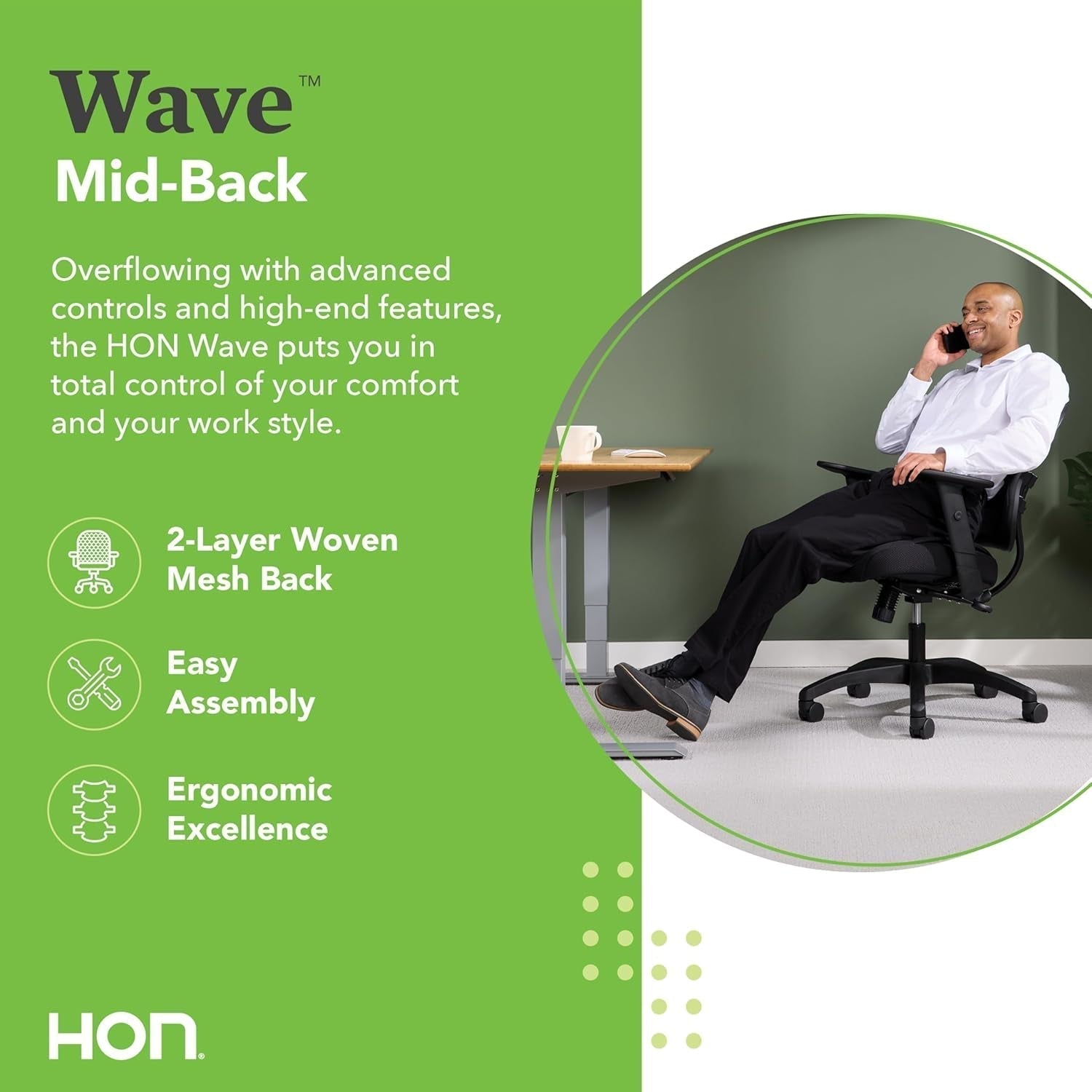 Wave Home Office Desk Chair - Office Chair Ergonomic Desk Chair - Ergonomic Mesh Office Chair, Mid Back, Adjustable Arms, Lumbar Support, Synchro-Tilt, Cushion, 360 Swivel Wheels-2