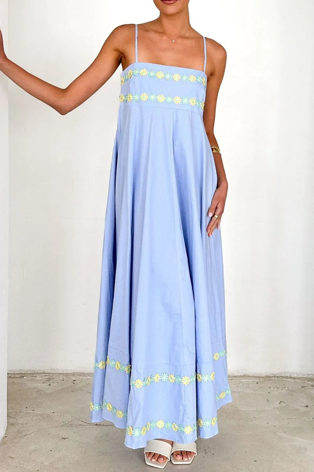 Floral Embroidered Spaghetti Strap Maxi Dress, Blue, Pink or Yellow  SM/MED/LG