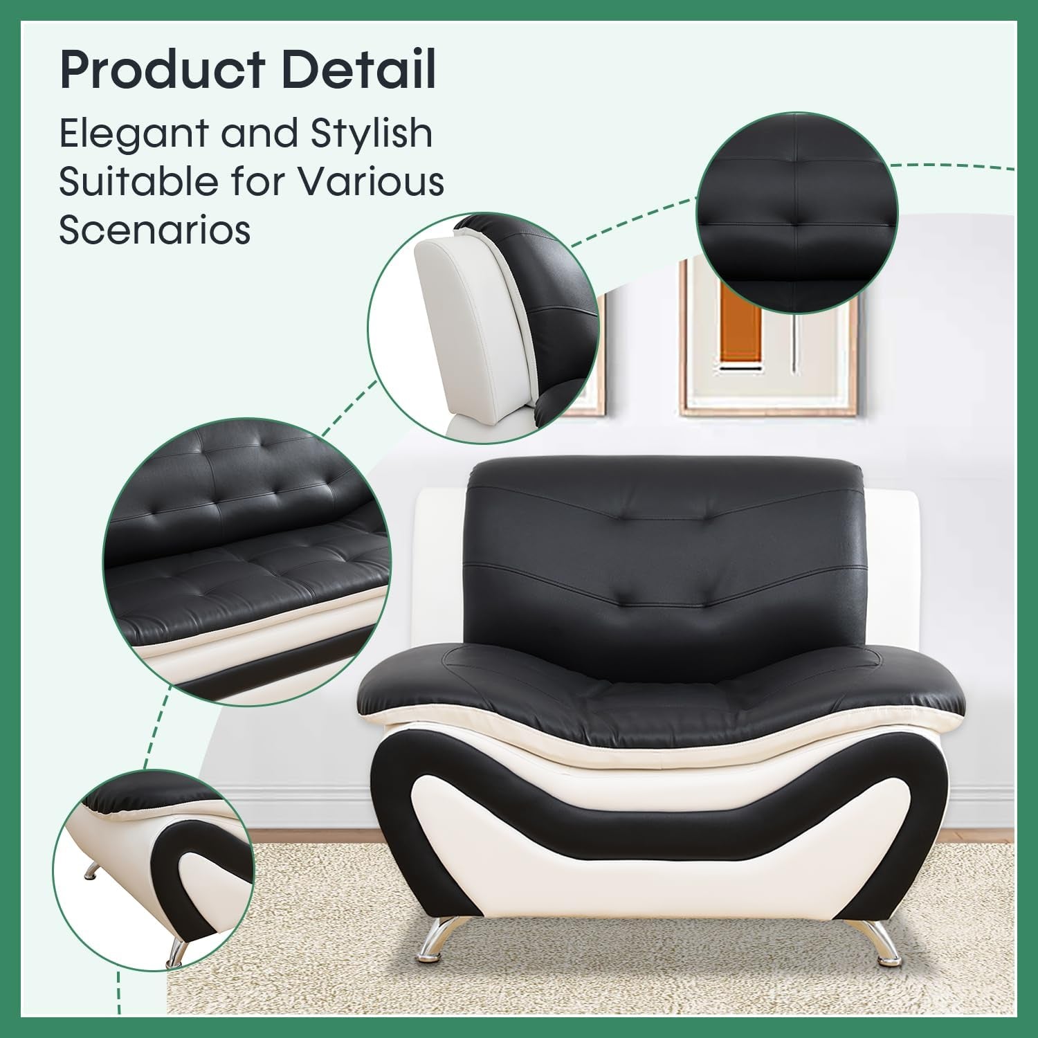 Leather Sofa Set,Leather Sofa Set for Living Room Furniture Sets, Loveseat Sofa with Chair 3-Piece for Living Room/Office/Apartment(Black&White)-4