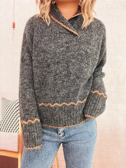 Ribbed Contrast Trim Long Sleeve Sweater