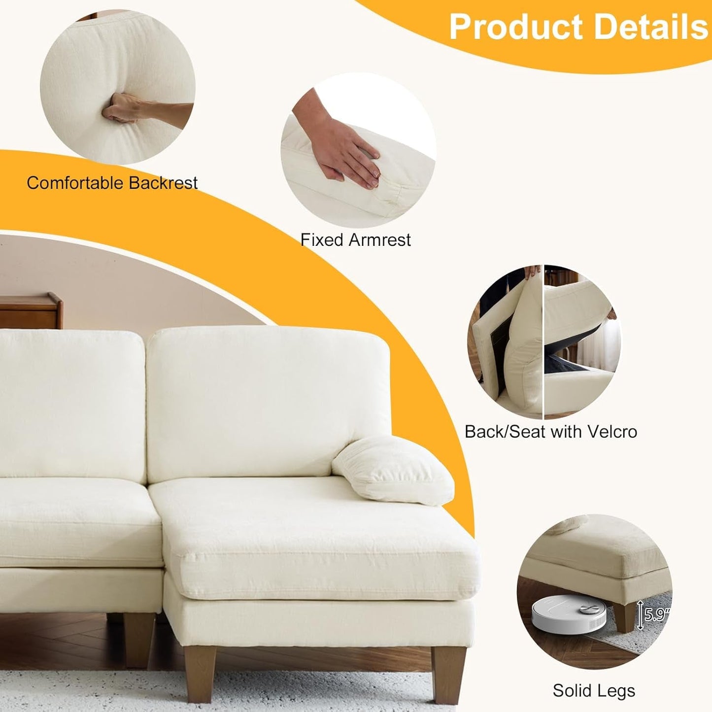 U-Shape Sectional Sofa Couch 111" Modern 4-Seat Sofa with Chaises Chenille Fabric Upholstered Covertible Couch with Wood Grain Legs for Living Room, Reception Room, Apartment, Beige-4