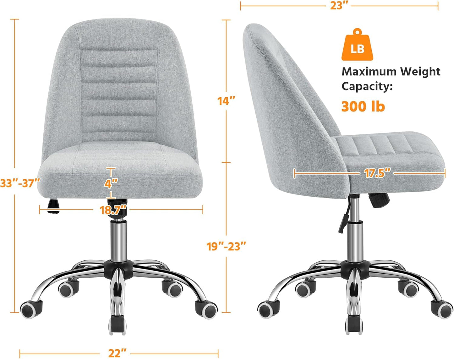 Home Office Desk Chairs, Modern Armless Vanity Chair, Mid Back Desk Chair, Linen Fabric Computer Task Chair with Rolling Wheels, Metal Base-2