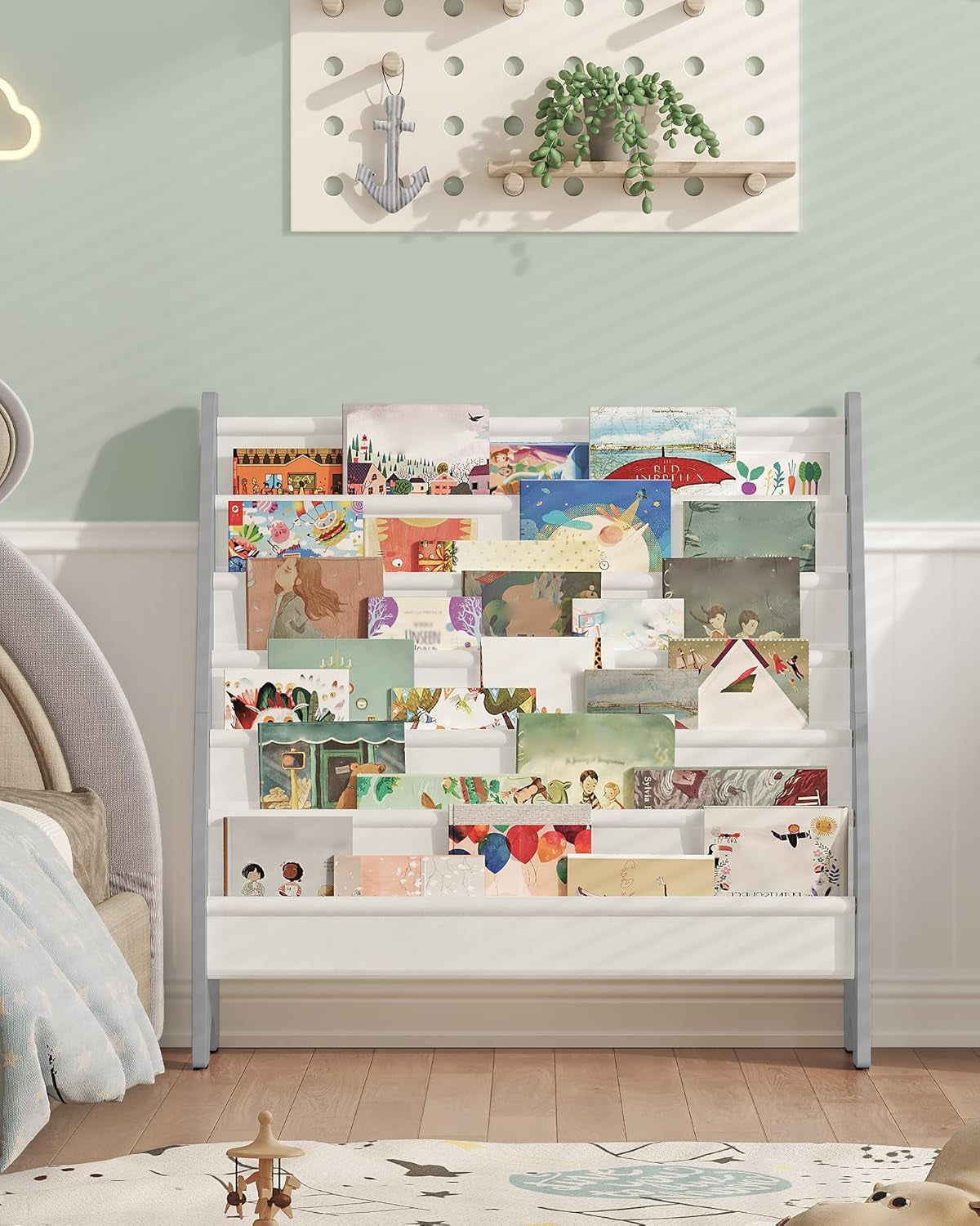 6-Tier Kids Bookshelf, Kids Sling Bookcase, Magazine and Book Storage Rack, Large Capacity Book Organizer, Book Shelf for Kids Room, Bedroom, Nursery, Playroom, White and Gray MCW07WG-1