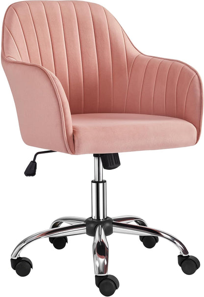 Pink Desk Chair Cute Office Chair Velvet Vanity Chair Desk Chair Comfy Modern Aesthetic Accent Chair Height Adjustable 360° Swivel Computer Chair for Bedroom-0