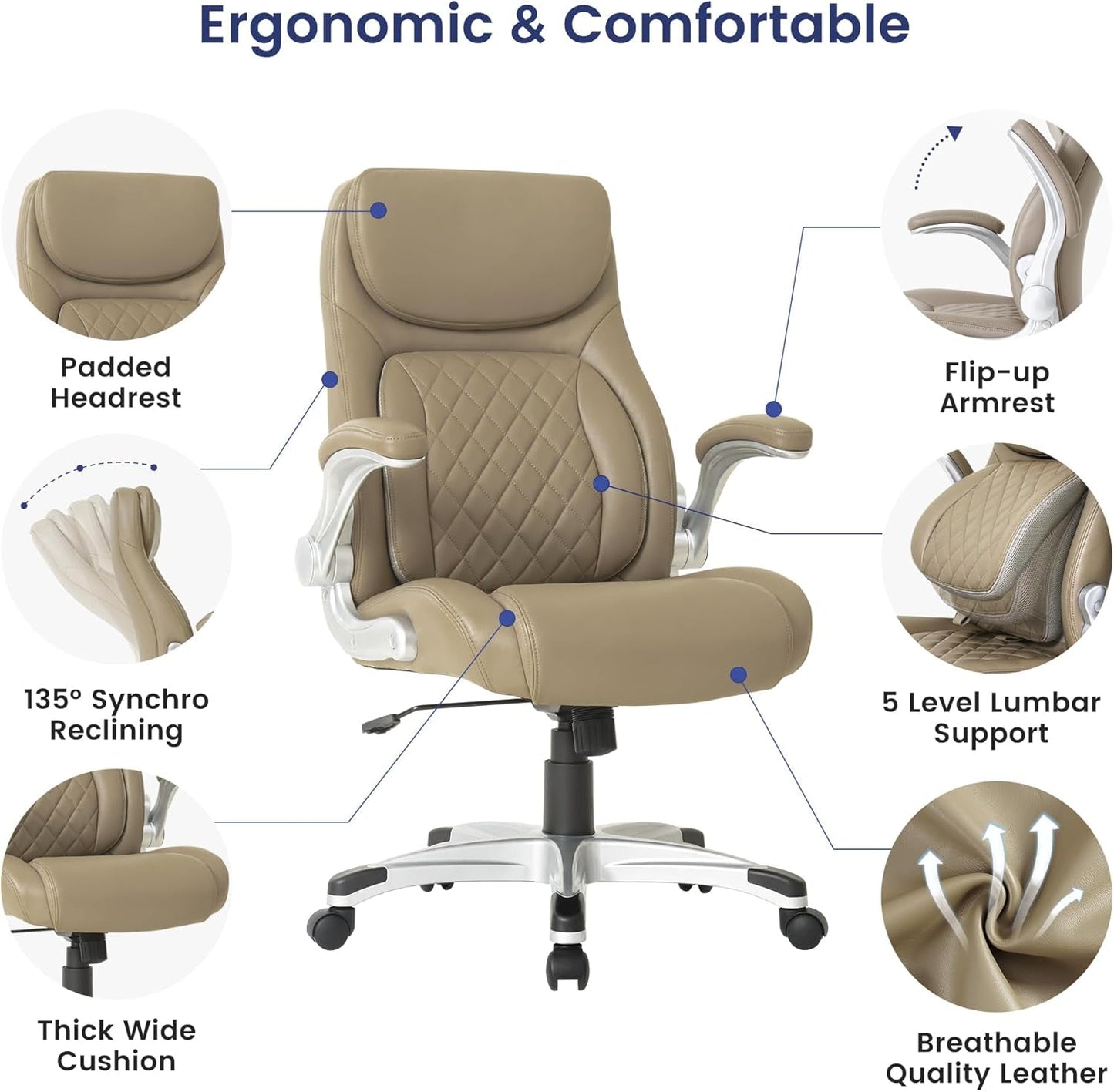 Ergonomic Office Chair Premium Microfiber Leather Adjustable Lumbar Support & Armrests, High Back Comfy Desk Gaming Chairs Executive Computer Swivel Chair Tilt Function(Posture,Taupe)-2