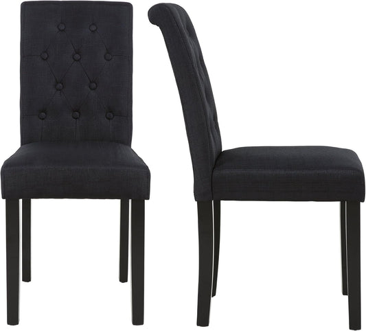 Set of 2 Upholstered Fabric Dining Chairs with Button-Tufted Details (Black)-0