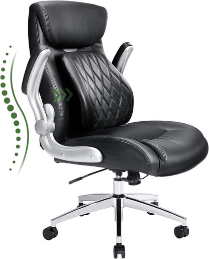 Comfortable-Office Chair with Dynamic-Lumbar Support: High Back PU Leather Executive Office Chair with Flip-Up Arms Tilt Function, Ergonomic Executive Desk Chair for Home Office Work, Black-0