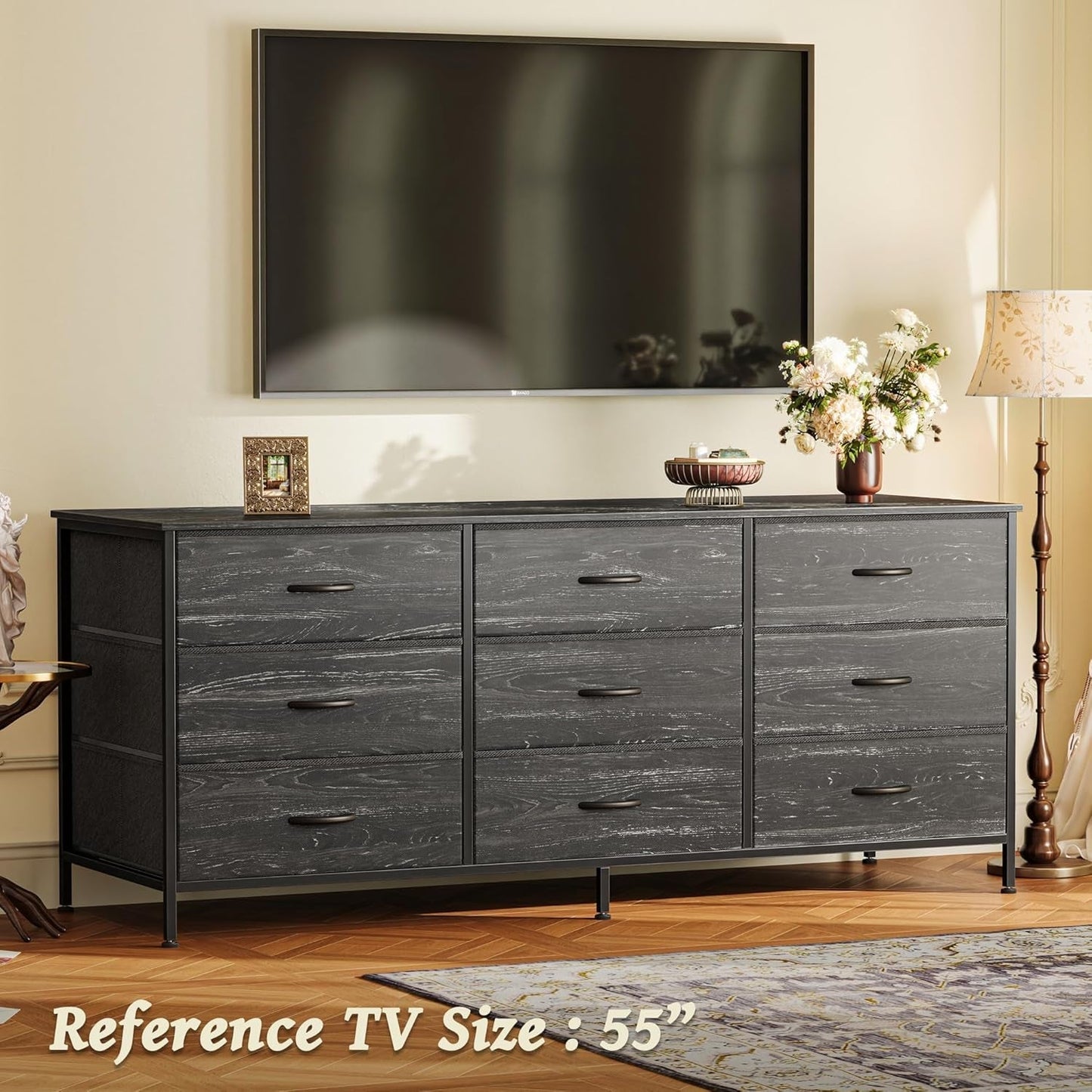9 Drawer Dresser, 55 Inch Dresser TV Stand for 55, 60 Inch TV, Entertainment Center with Drawers, Large Storage Fabric Dresser for Bedroom, Closet, Charcoal Black Wood Grain Print-1