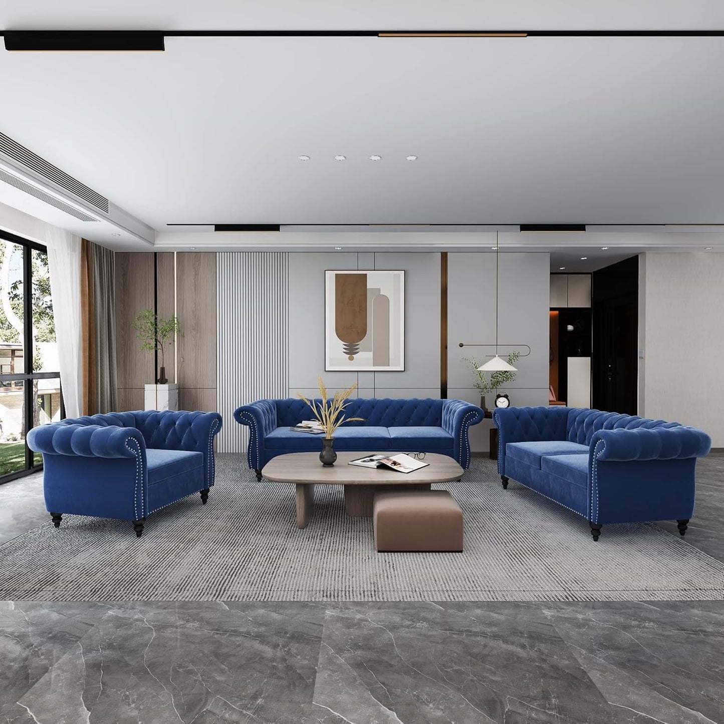 3 Pieces of Living Room Furniture Sofa Sets, Modern Velvet Chesterfield Sofa&Chesterfield Club Chair&Chesterfield Loveseat Sofas Set with Nailhead Trim Scroll Arms for Living Room(Blue)-0