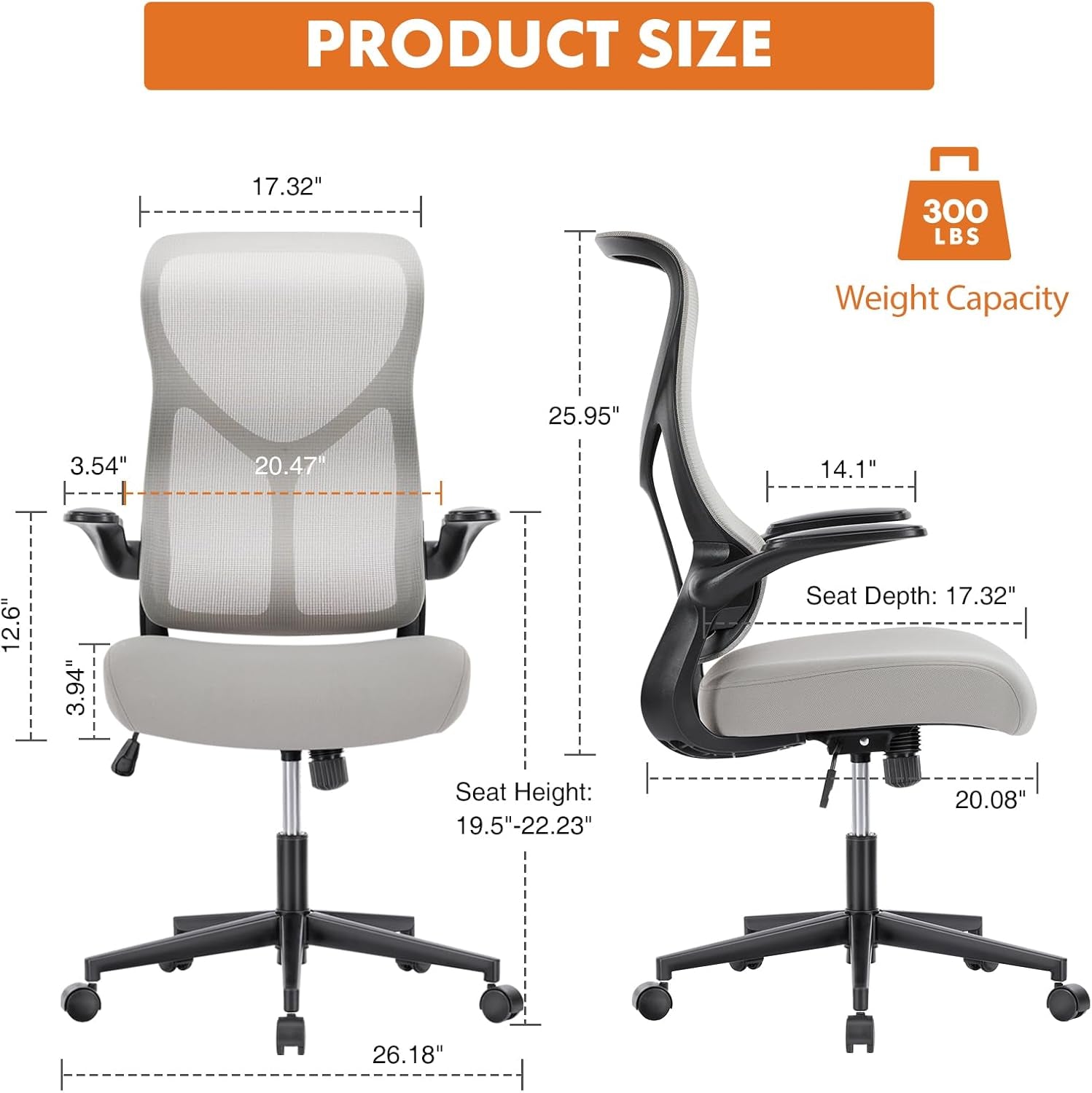 Ergonomic Office Desk Computer Chair, Comfy High Back Swivel Rolling Home Mesh Gaming Chairs with Wheels, Lumbar Support, Flip-Up Arms,120°Tilt for Bedroom, Study, Work, Grey-1