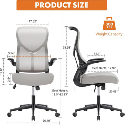 Ergonomic Office Desk Computer Chair, Comfy High Back Swivel Rolling Home Mesh Gaming Chairs with Wheels, Lumbar Support, Flip-Up Arms,120°Tilt for Bedroom, Study, Work, Grey-1