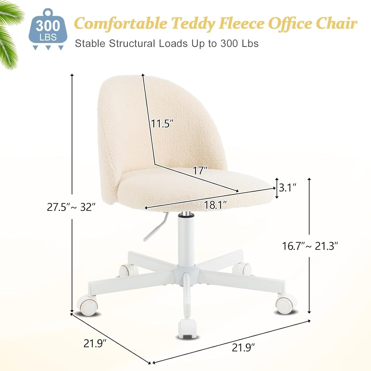 Candy Chair Armless Cute Desk Chair,Comfy Small Office Chair with Wheels,Vanity Chair Lumbar Support,Teddy Adjustable Rolling Swivel Computer Task Chair for Home Office,Bedroom,Creamy Beige-1