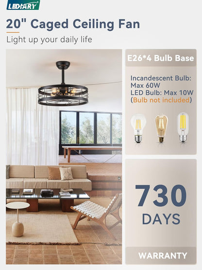 20 Inch Fandelier Caged Ceiling Fan with Light, Bladeless Ceiling Fan with Remote, Farmhouse Fan Lights Ceiling Fixtures for Kitchen, Bedroom, Outdoor(6 Speed, Timing)-Black-4