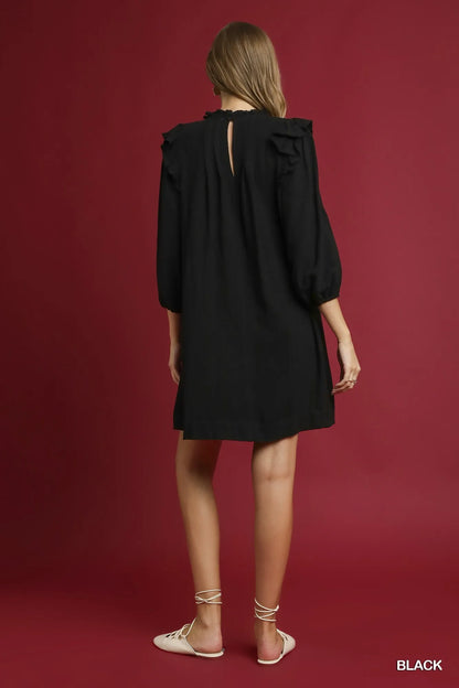 Umgee Linen Ruffle Shoulder Pleated Babydoll Dress