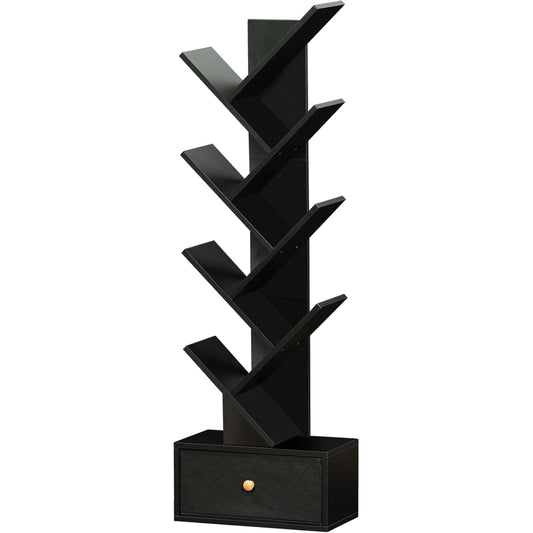 8 Tier Tree Bookshelf with Drawer, Free Standing Wood Bookcase for Living Room, Bedroom, Home Office, Space Saving Storage Organizer Bookshelves for Books, Cds, Vinyl Records- Black-0