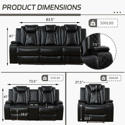 Leather Power Recliner Sofa Set with LED, Living Room Furniture Set, Leather Sofa Set with USB Port Storage Console Cup Holder (Power Reclining Sofa Set, Black)-1