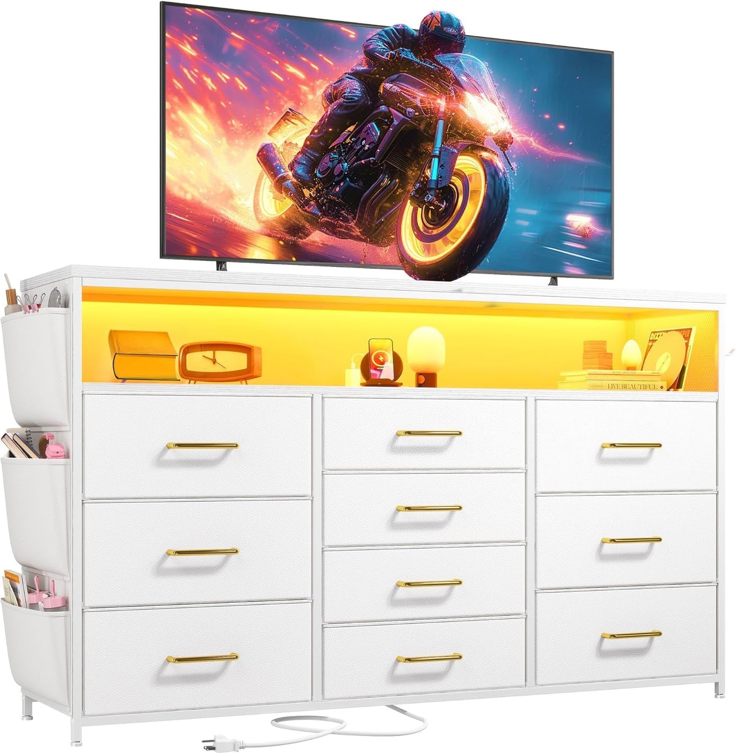 Dresser TV Stand with 10 Drawers for 55" TV Stand for Bedroom with LED Lights & Power Outlets Wide Dresser for Bedroom with Shelves & Side Pockets Sturdy Metal Frame & Wood Top, White-0