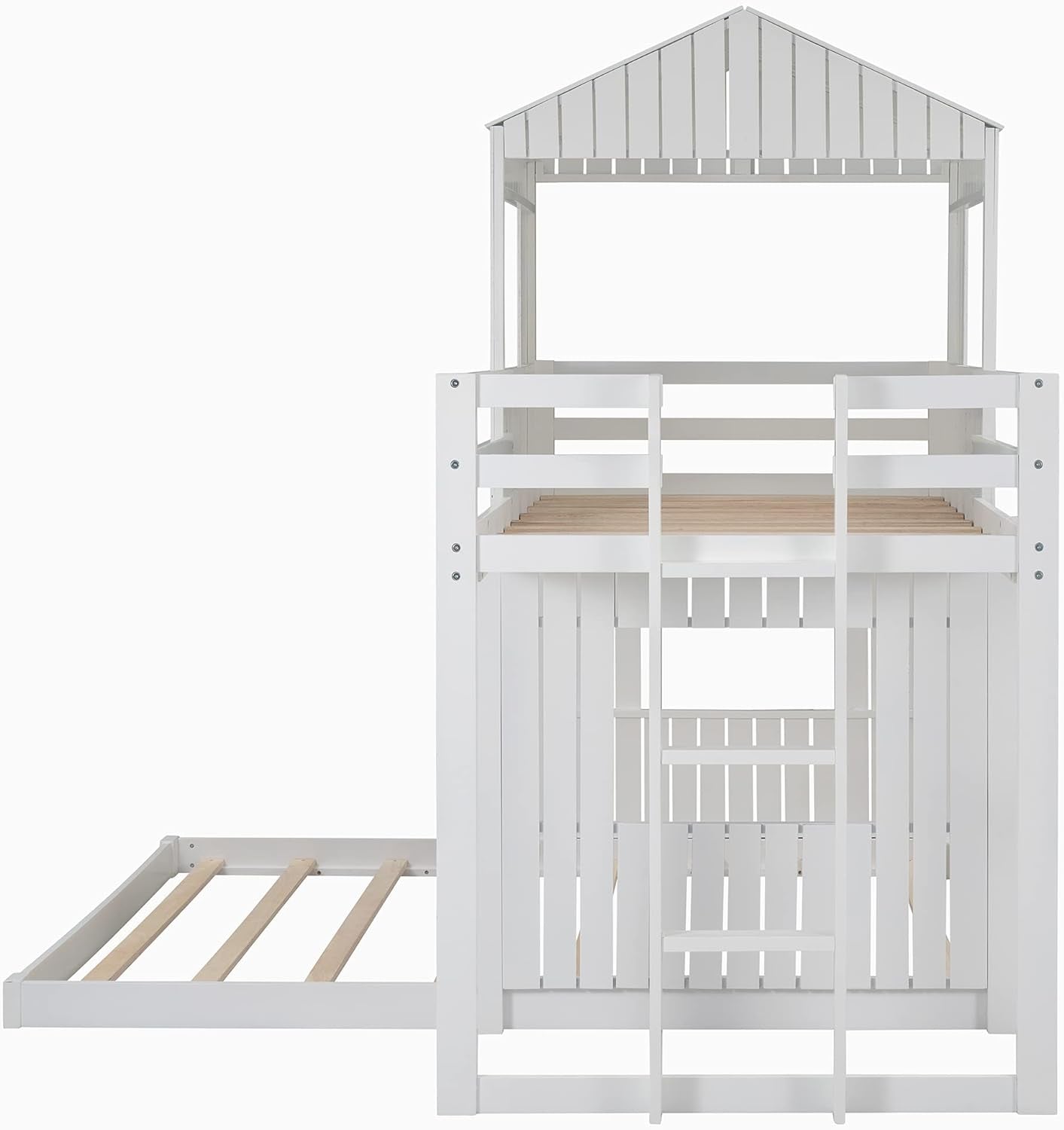 House Bunk Beds, Twin over Full Bunk Bed Wood Playhouse Bunkbed Low Bed Frame for Kids Toddlers Girls/Boys, White-4