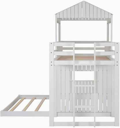 House Bunk Beds, Twin over Full Bunk Bed Wood Playhouse Bunkbed Low Bed Frame for Kids Toddlers Girls/Boys, White-4