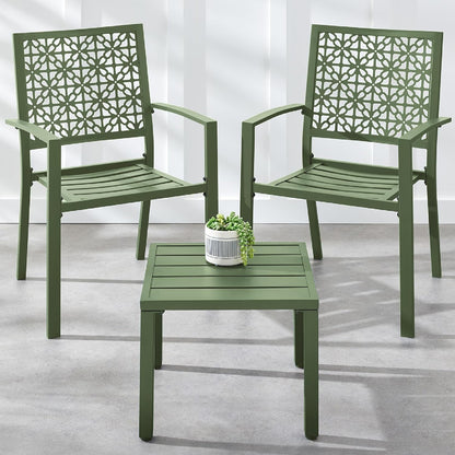 3-Piece Outdoor Bistro Set, Stackable Modern Steel Furniture for Porch, Garden W/ 2 Chairs, Table, Geometric Decor - Sage Green-0