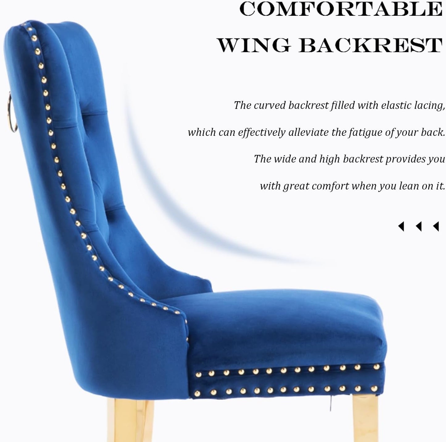 Velvet Dining Chair Set of 2, Upholstered Tufted Dining Room Chair with Nailhead Trim and Stainless Steel Gold Plated Leg for Kitchen, Blue-3