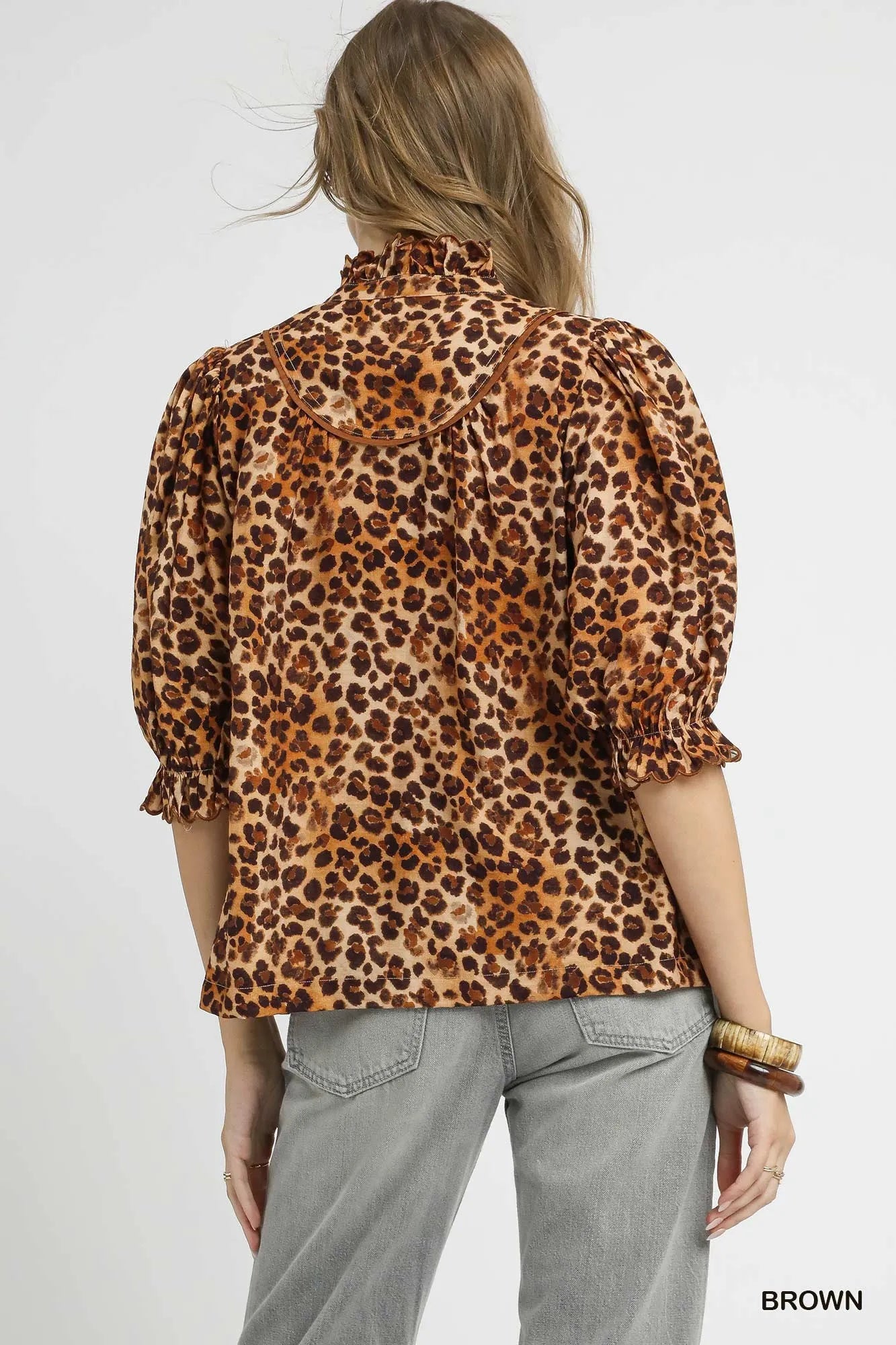 Umgee Full Size Leopard Print Ruffle Neck Blouse Plus Size