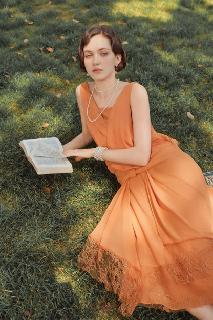 Classic Chiffon Lace Day Dress, Navy or Burnt Orange, Sizes 6, 8, 10