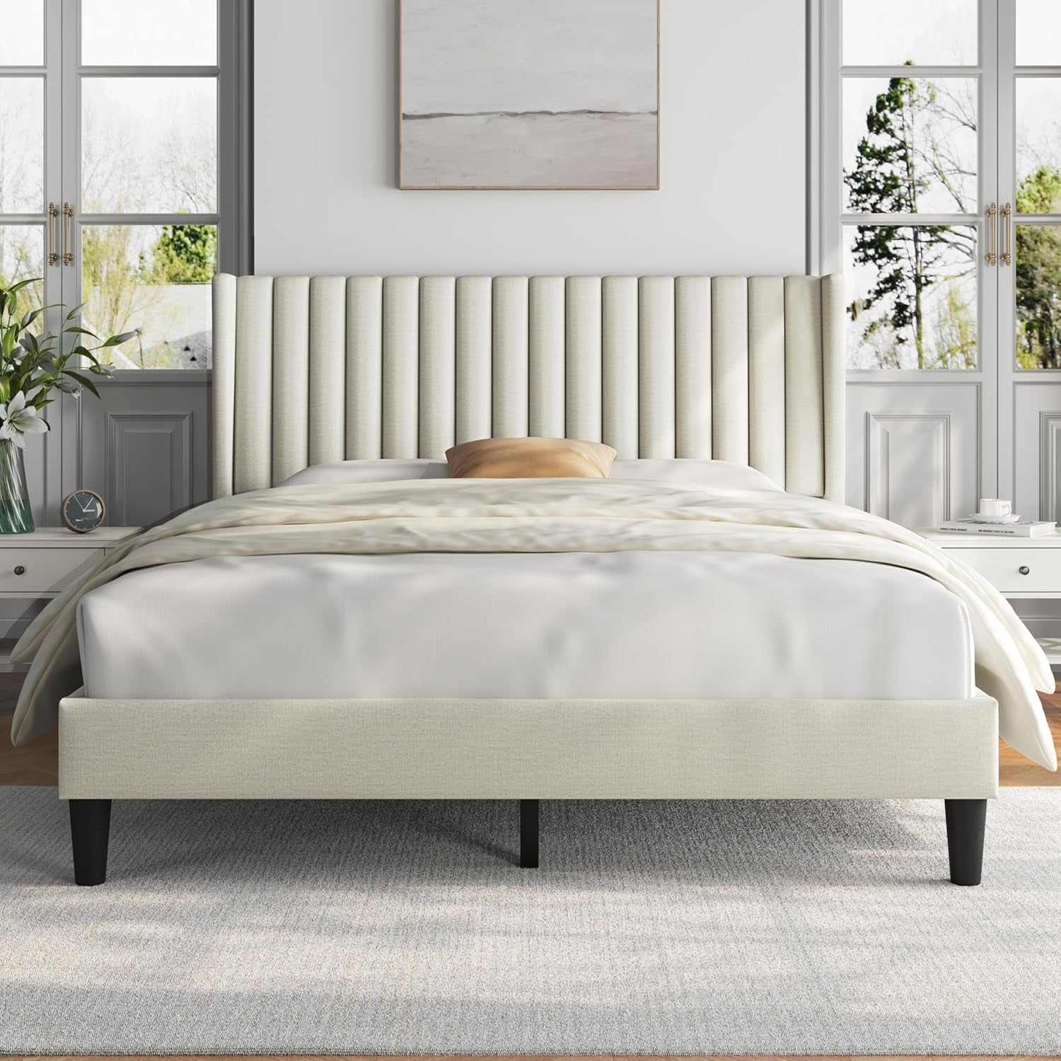 Queen Upholstered Platform Bed With Beige Headboard-0