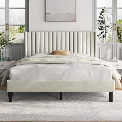 Queen Upholstered Platform Bed With Beige Headboard-0