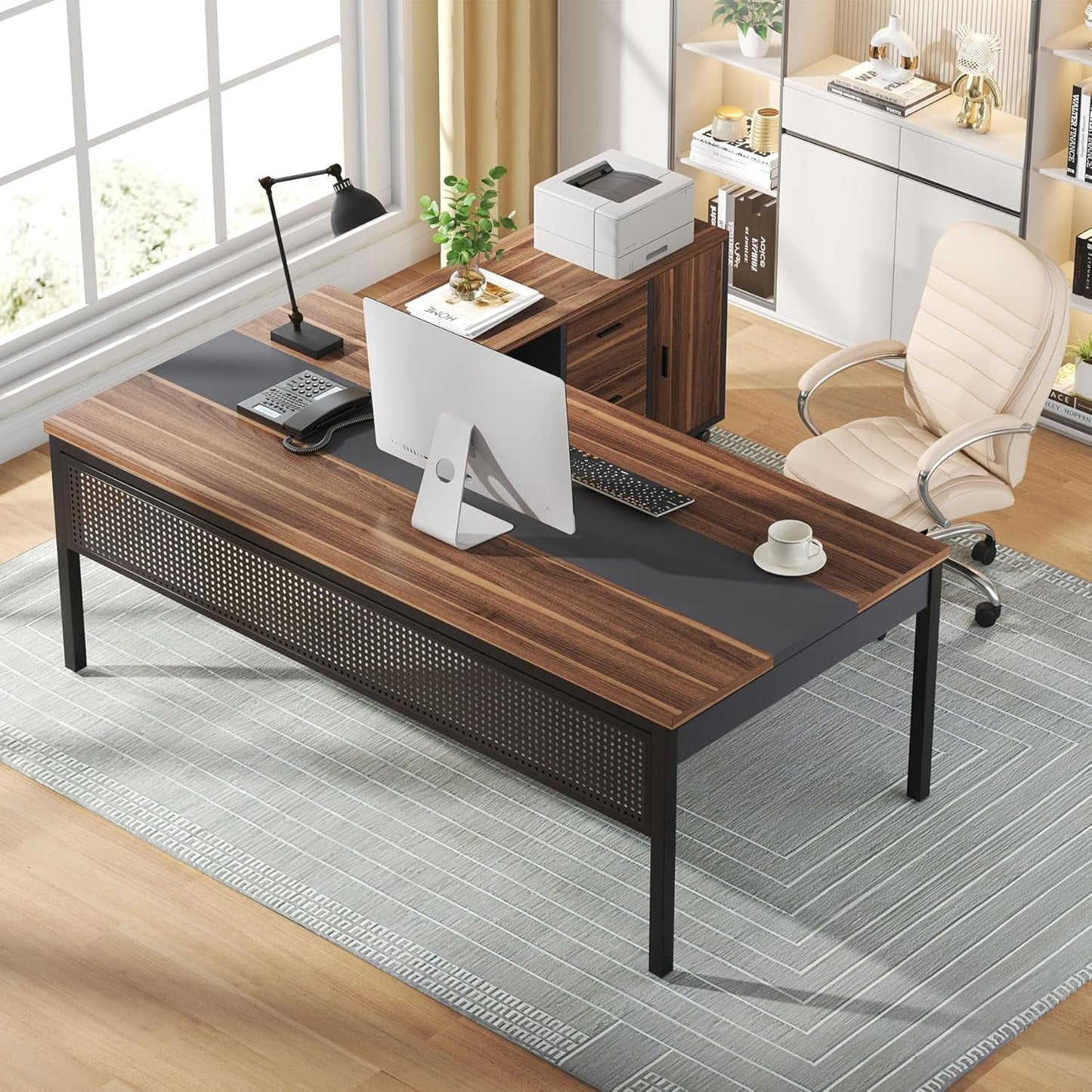 71" Walnut Executive L Desk with File Cabinet-2