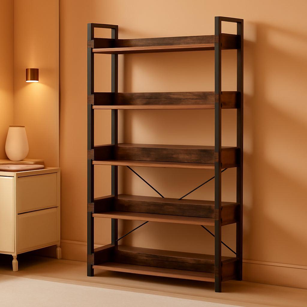Industrial Rustic Brown Wood Quintuple Tier Bookcase-0
