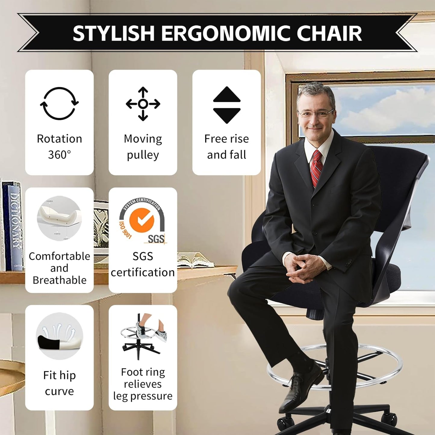 Ergonomic Drafting Chair,Standing Computer Desk Chair,Foot Ring,Lumbar Support,Swivel Task Chair-Black-2