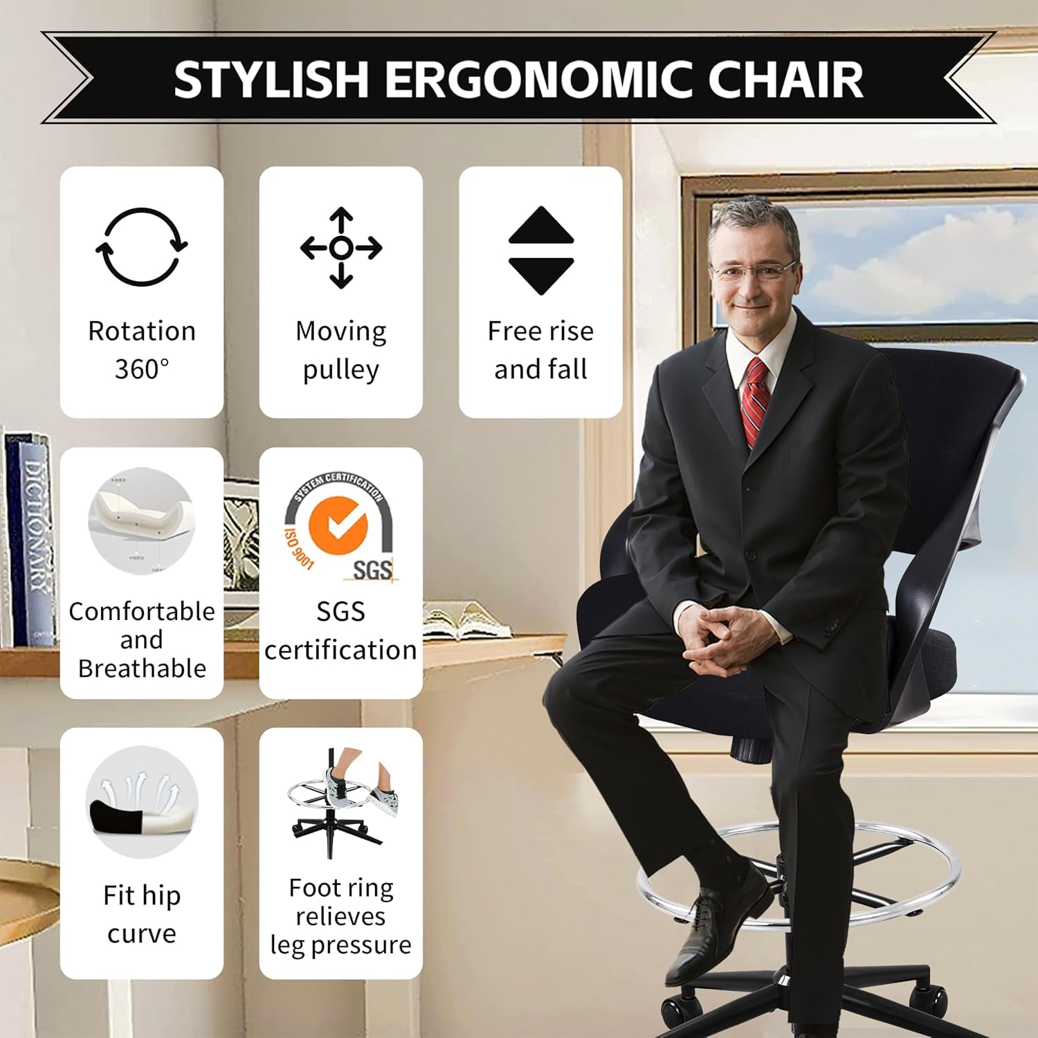 Ergonomic Drafting Chair,Standing Computer Desk Chair,Foot Ring,Lumbar Support,Swivel Task Chair-Black-2
