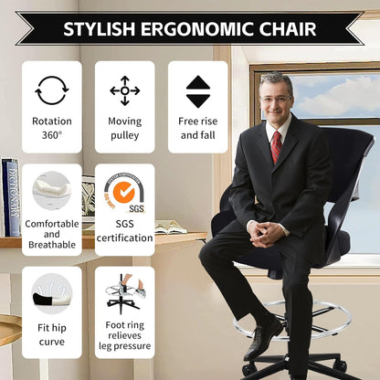 Ergonomic Drafting Chair,Standing Computer Desk Chair,Foot Ring,Lumbar Support,Swivel Task Chair-Black-2