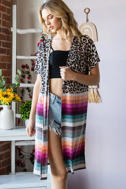 Heimish Full Size Animal Leopard and Stripe Open Cardigan Plus Size