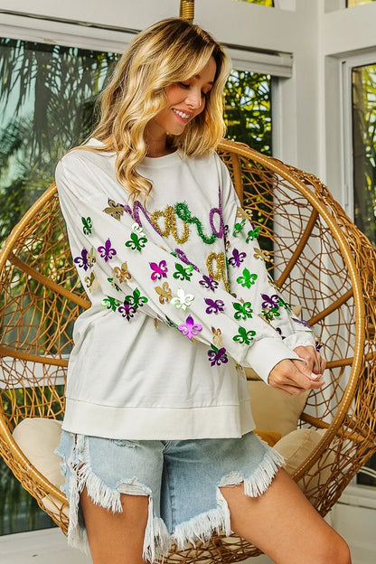 BiBi Fleur De Lis Sleeve Mardi Gras Pullover