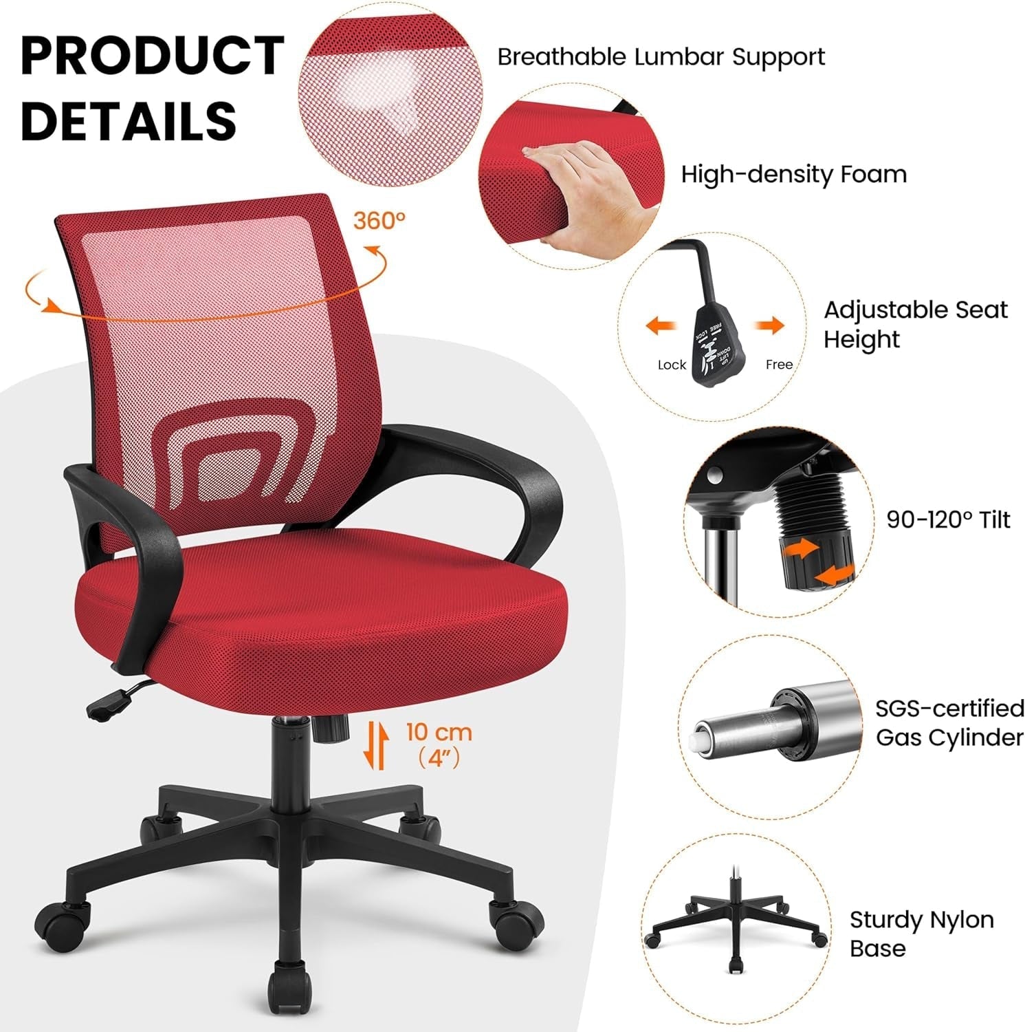 Office Chair Desk Chair Mid Back Mesh Task Chair Computer Chair Ergonomic Rolling Swivel Chair Adjustable Executive Chair with Lumbar Support Armrests, Red-3