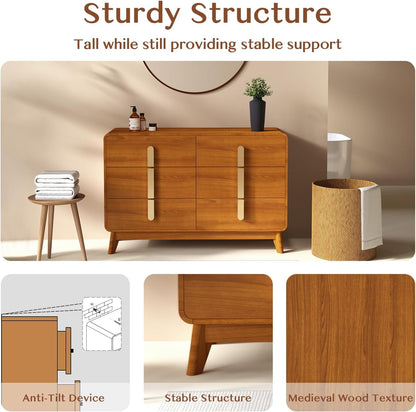 6 Drawer Dresser, Mid Century Modern Dresser with Storage, Wide Chest of Drawers, Dresser TV Stand with Metal Handles,Large Wood Drawer Organizer for Bedroom,Living Room,Hallway,Cherry-2