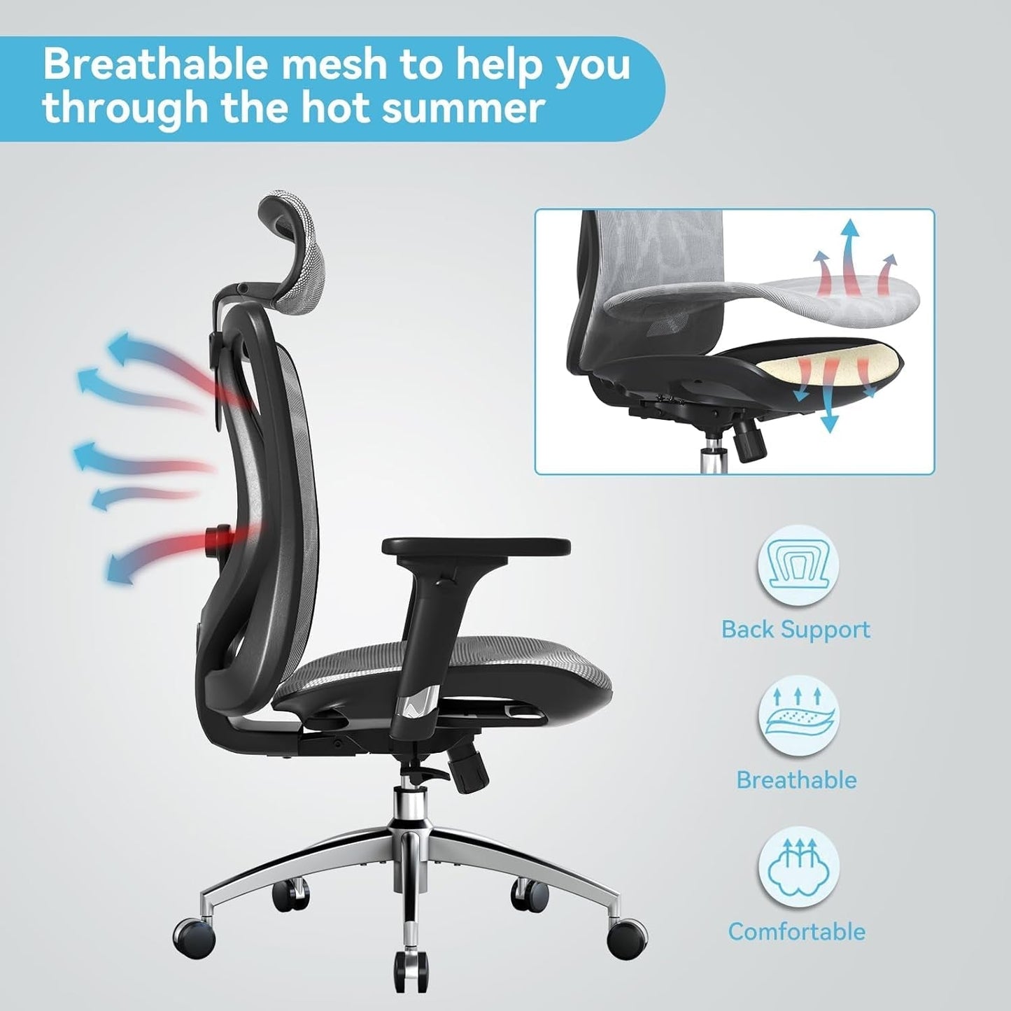 M57 Ergonomic Office Chair with 3 Way Armrests Lumbar Support and Adjustable Headrest High Back Tilt Function Grey-3