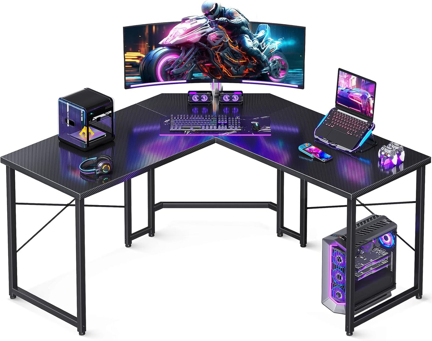 L Shaped Gaming Desk, Corner Desk Gaming Table for Home Office, Computer Desk Sturdy Writing Workstation for Small Space, Easy to Assemble, 51 Inch, Carbon Fiber Surface, Black-0